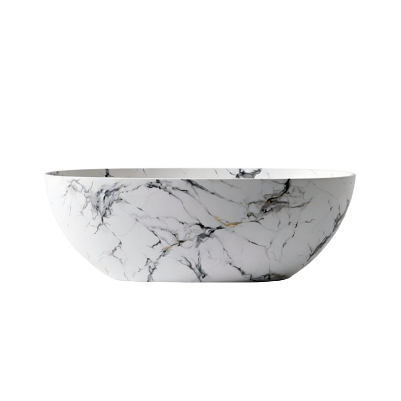 65" Freestanding Solid Surface Soaking Bathtub with Marble Look