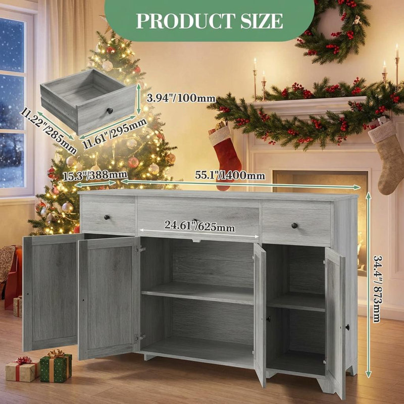55" Sideboard Buffet Cabinet with Storage, Minimalist Kitchen Storage Cabinet with 3 Drawers & 4 Doors, Farmhouse Buffet Console Table Coffee Bar with Adjustable Shelf for Kitchen