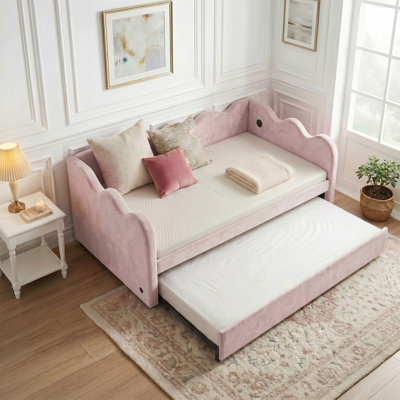 Lit de jour rembourré en velours avec couchette et charge USB, cadre robuste renforcé triple, canapé-lit extensible pour les petits espaces, chambre d'amis et chambre d'enfant
