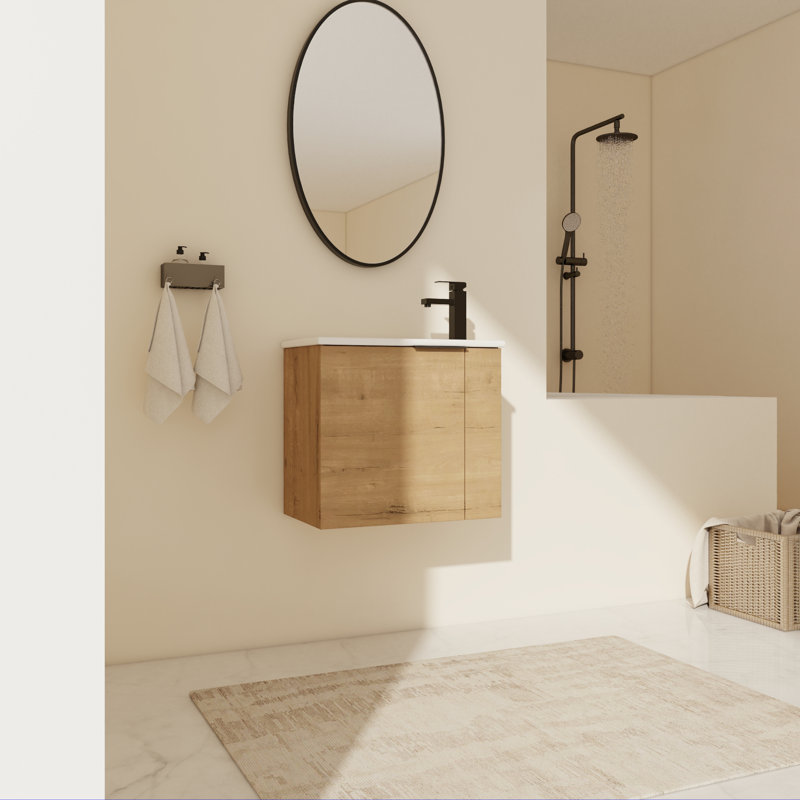 Ensemble de meuble-lavabo simple 13 po avec plateau en céramique Javeria, Imitation chêne