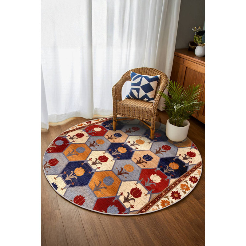 Gromling Collection Digital Print Cotton-Polyester Multicolor Floral Rug, Round 3'4"