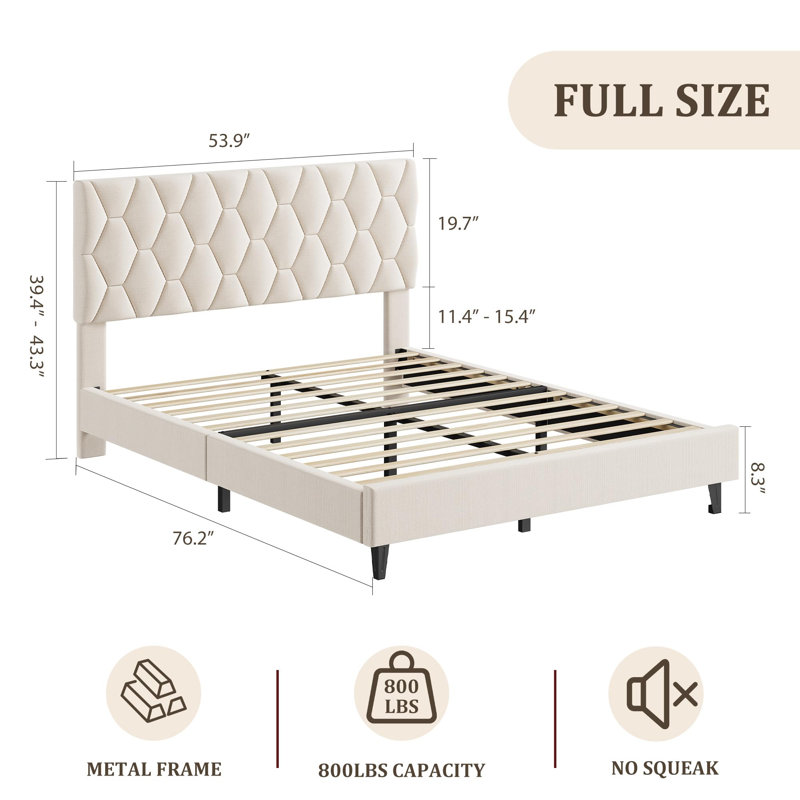 Full Size Bed Frame with Upholstered Adjustable Headboard, Beige