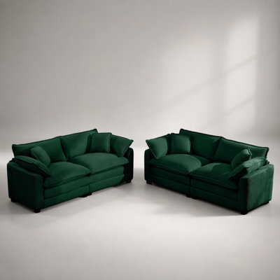 Ensemble de canapé de salon en tissu moderne deux pièces, deux canapés 2 places avec revêtement de 8 coussins, grand fauteuil inclinable profond en velours côtelé vert