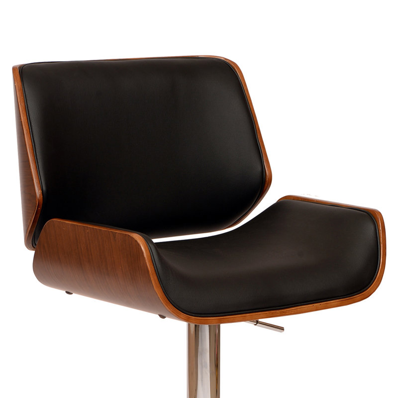 Cecillia Swivel Adjustable Height Barstool in Chrome, Walnut Wood and Faux Leather, Black Faux Leather