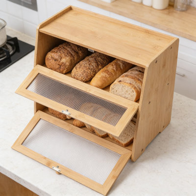 Large Capacity Bamboo Bread Box With Window And Shelf, 2 Tiered Kitchen Counter Storage Container For Bread, Baked Goods, And Vitamin Bottles
