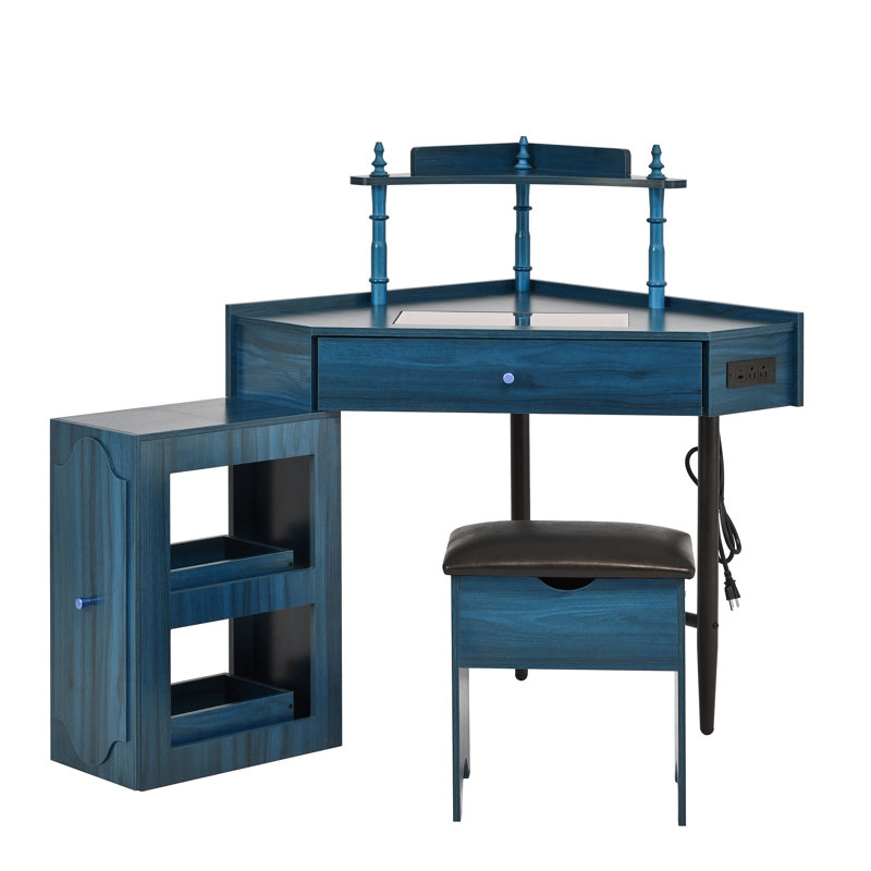 Corner Makeup Vanity With Stool And Outlets(No Mirror), Blue