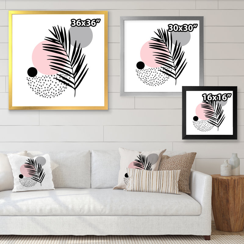Lune rose abstraite avec feuille de palmier - Impression sur toile, H 36 po x l 36 po x P 1 po, Cadre photo blanc