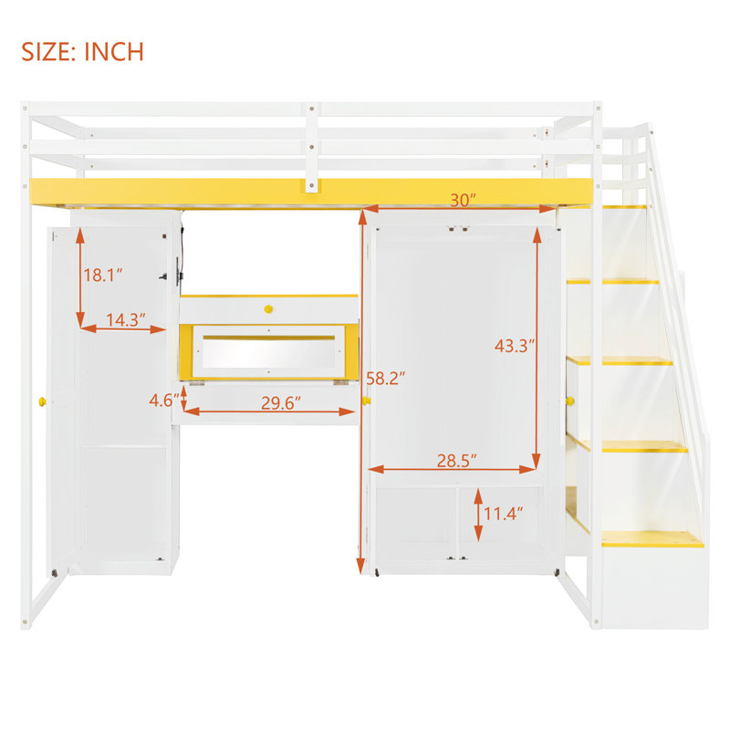 Full Size Loft Bed with Storage Staircase, Dressing Table with Mirror & Drawer, Wardrobe, USB Ports & LED Lights, White+Yellow