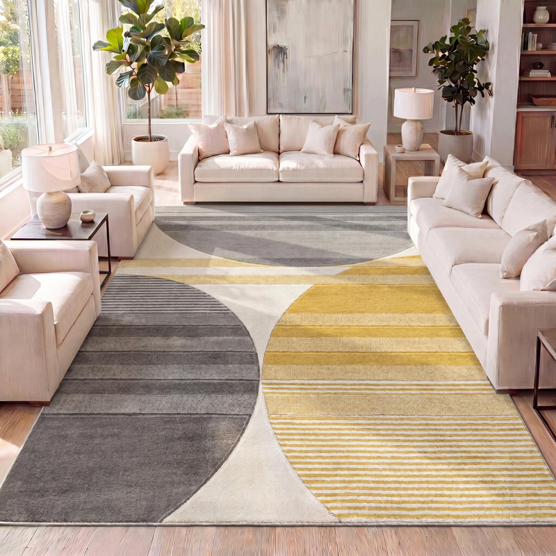 Ascher Geometric Striped Circles Gray/Yellow/Cream Rug, Rectangle 7'10" x 10'2"
