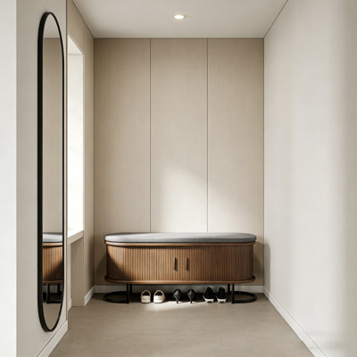 Banc de rangement 47,2 "avec portes coulissantes - Grand tabouret à chaussures avec coussin et pieds en métal robustes pour le hall d'entrée, la chambre à coucher et le salon