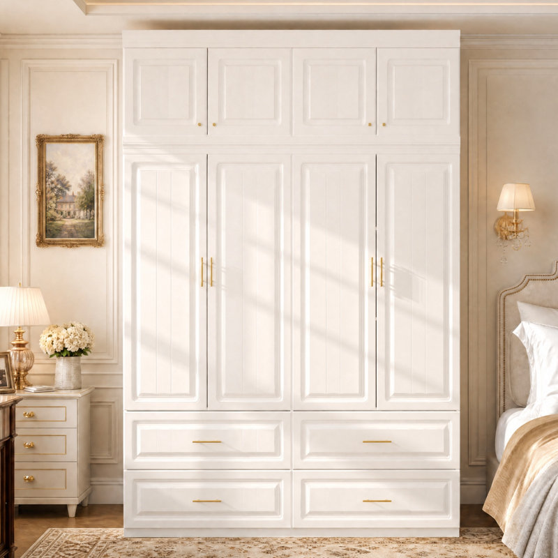 63" W 8-Door Wardrobe Armoire with Top Storage Cabinets, 4 Drawers, Shelves and Hanging Rod