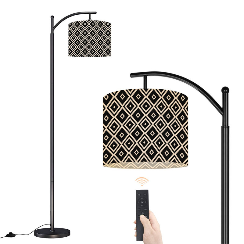 Lampe sur pied à arc avec motif géométrique à losanges et lignes symétriques noir et blanc avec télécommande et abat-jour à DEL