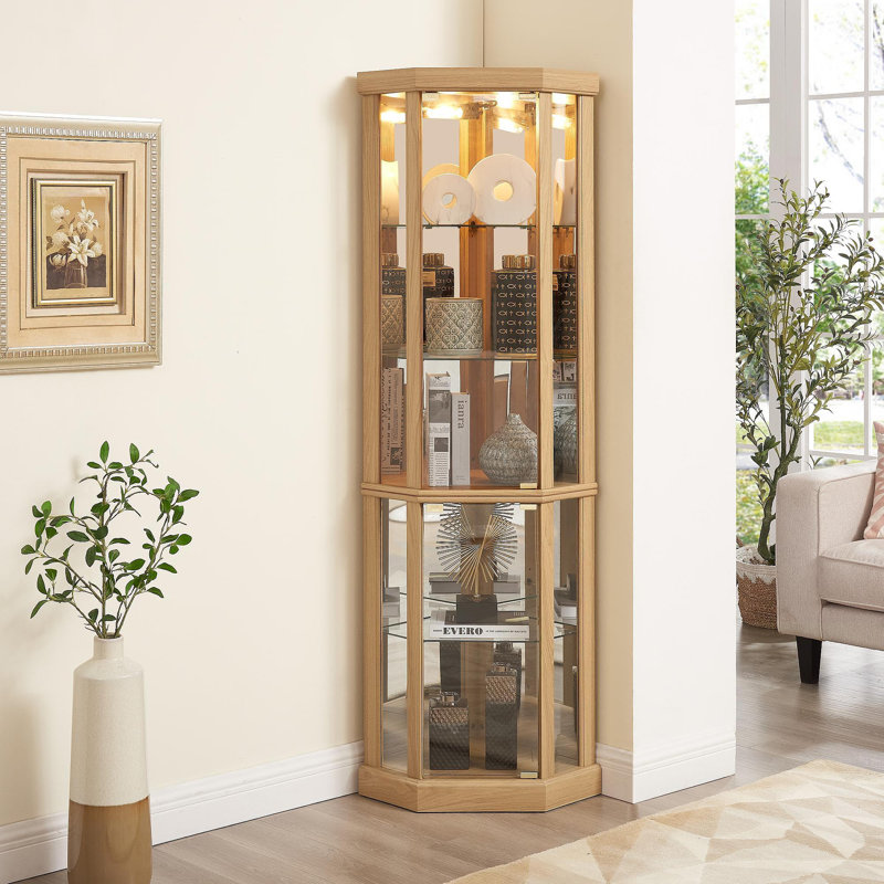 Lighted Corner Curio Cabinet - Elegant Glass Display Case For Living Room & Bar Storage - Perfect For Antique Collections & Wine - Includes Built-In Lighting - Light Oak Finish