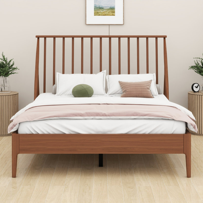 Lit plateforme en bois avec tête de lit haute et lattes de bois, Grand lit, Brun