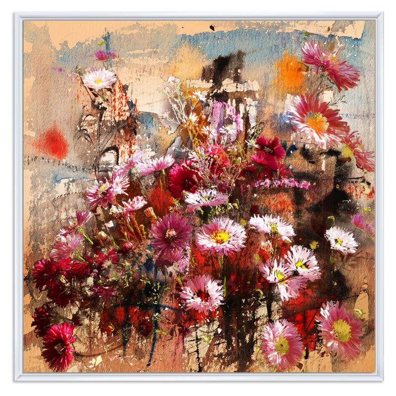 Automne fleurs mélangées - œuvre d'art traditionnelle sur toile, H 16 po x l 16 po x P 1 po, Toile encadrée flottée blanche