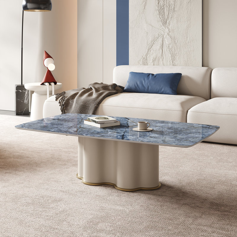 Table basse 51 po en faux marbre bleu, table basse rectangulaire avec base en acier inoxydable