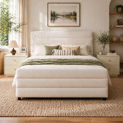 Lit plateforme tapissier luxueux avec 2 grands tiroirs en bois Braya, beige, grand