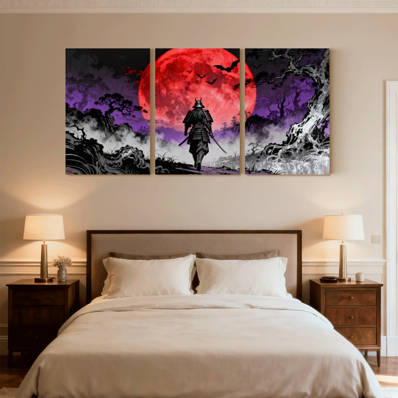 Samurai Warrior Red Moon Night Landscape Reflection Art, ensemble de 3 impressions sur toile, H 24 po x l 48 po