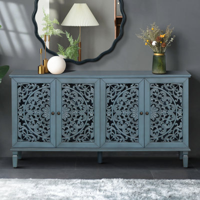 Stylish Antique Buffet Burkey with Floral Carvings, Solid Wood Legs, and Adjustable Shelves, Perfect for Living and Dining Rooms