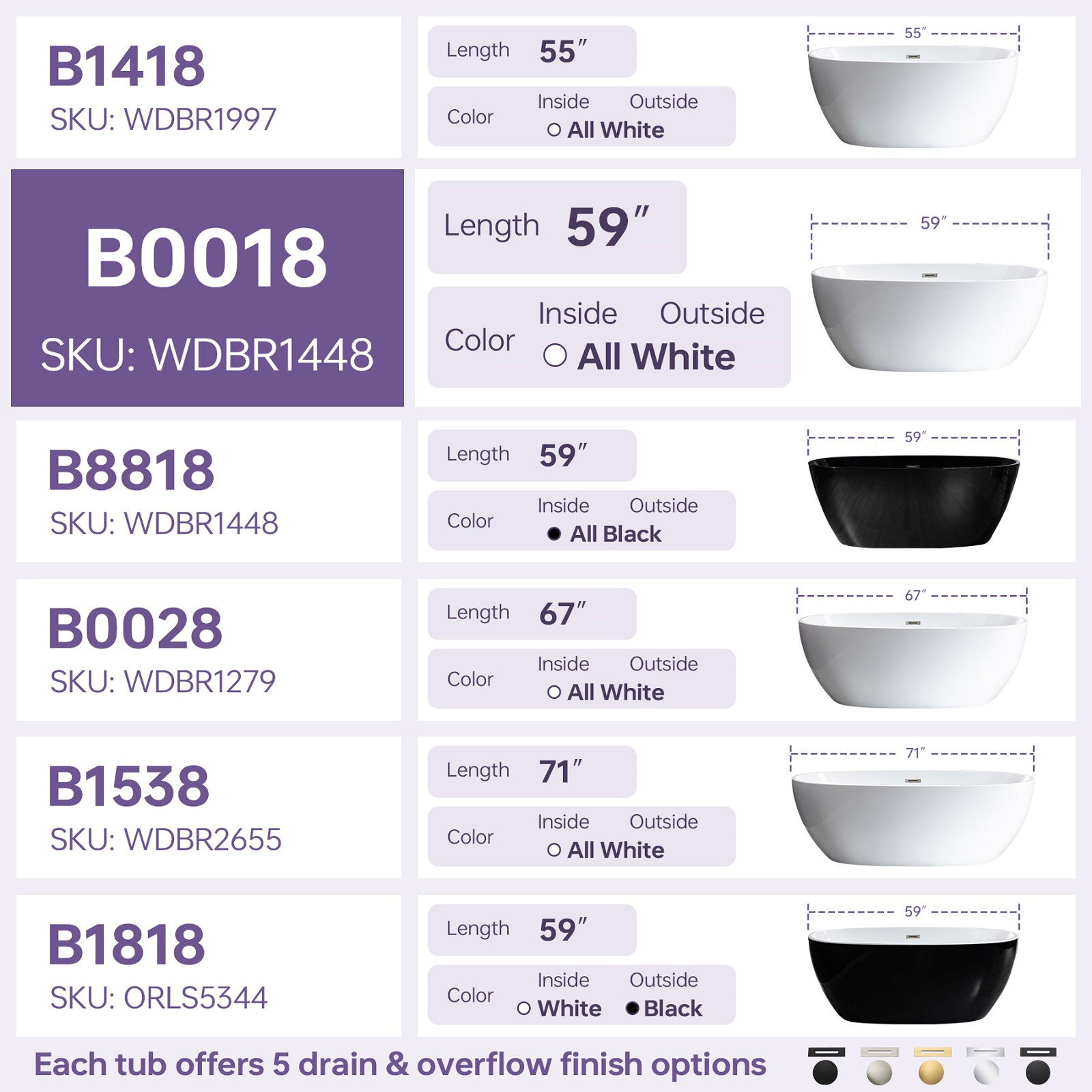 Ember 59'' Soaking Acrylic Bathtub, Brushed Nickel, White