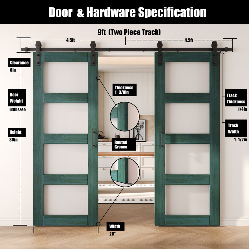 Portes de grange non assemblées et finies en verre à 4 verres de 26 po x 80 po Homquer Royal Pin, 26" X 80"