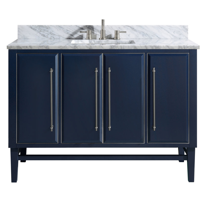 Mason 48" Single Bathroom Vanity with Carrara Marble Top, Carrara White, Navy Blue, Brushed Silver