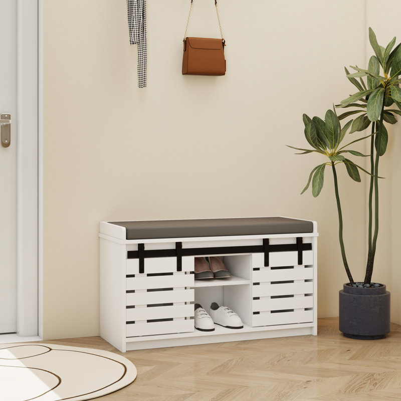 Banc de rangement pour chaussures Modern, banc d'entrée à 2 niveaux avec 2 portes de grange coulissantes et coussin de siège entièrement amovible pour l'entrée, le couloir et la chambre à coucher