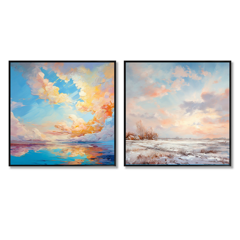 «Turquoise Clouds Charm», ensemble de 2 collages carrés, Cadre flottant noir, H 16 po x l 33 po