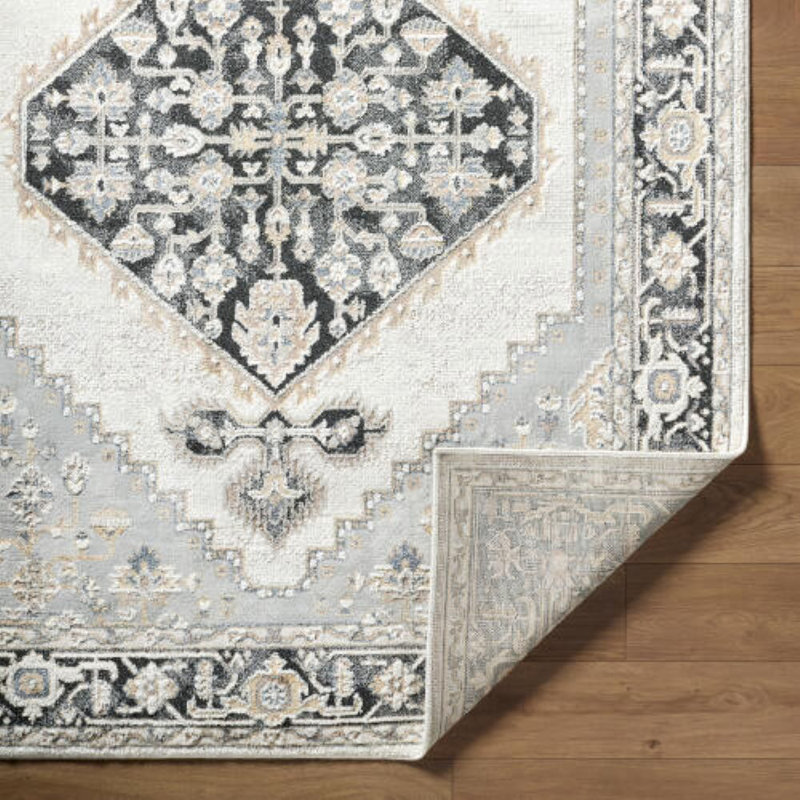 Rectangle Clotilde Oriental Machine Woven Polyester Area Rug in White/Gray/Black, Rectangle 5'3" x 7'