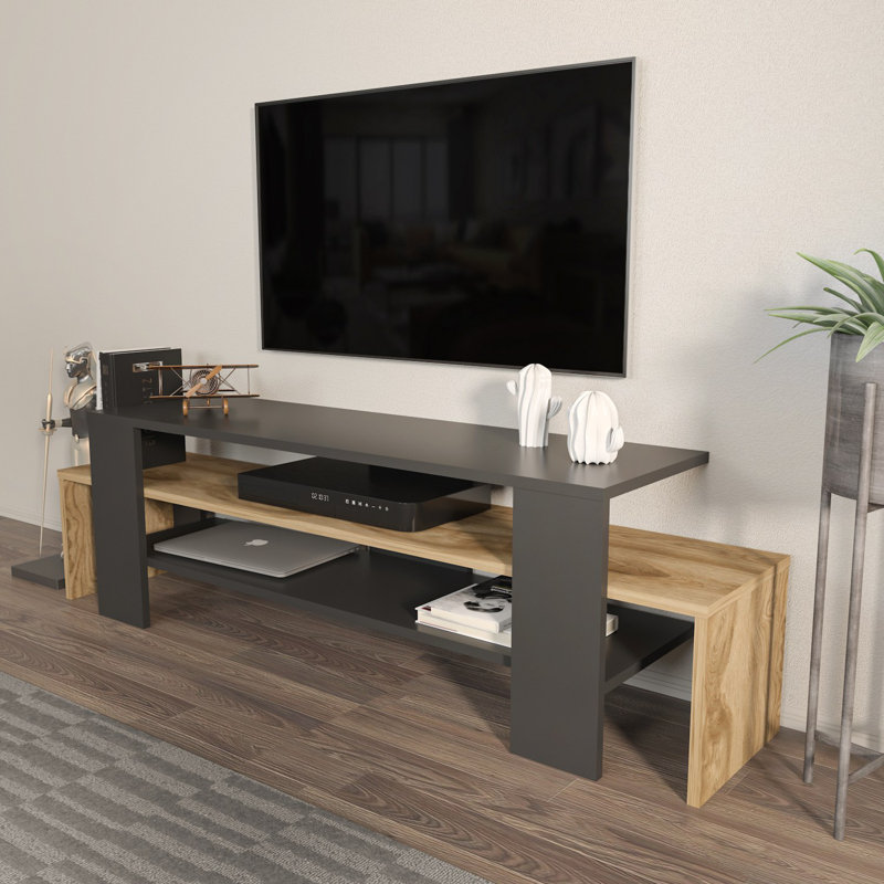 Meuble télé moderne avec panneau de particules enduit 100% mélamine, noir et chêne, 59,1 po x 17,7 po x 13,8 po | Conception durable et élégante | Parfait pour les salons et les espaces de divertissement, facile à assembler