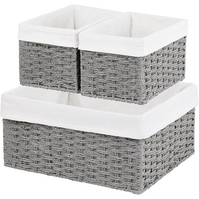 Wicker Basket, Set Of 3 Hand-Woven Storage Baskets For Organizing, Rectangle Wicker Storage Basket Bins With Handles, Small Toilet Paper Storage Baskets For Shelves & Decor