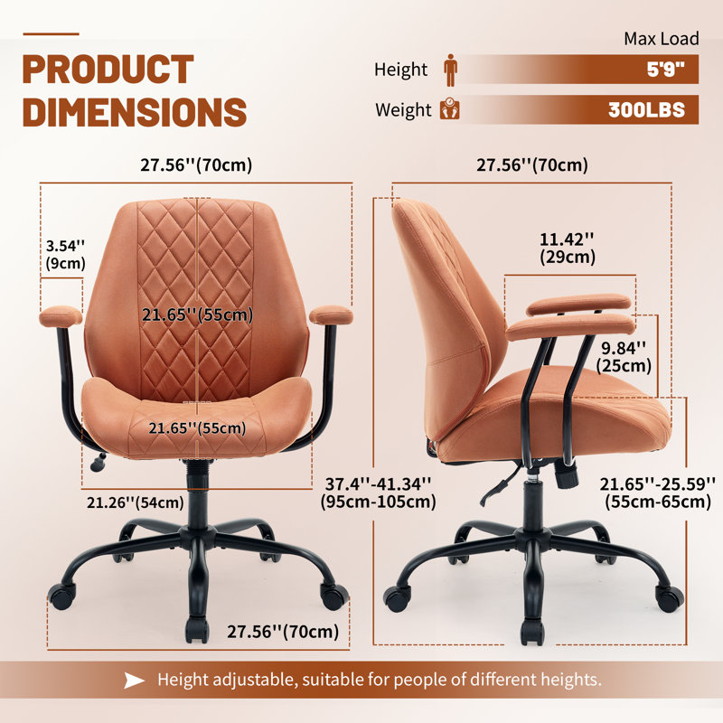 Chaise de bureau ergonomique rembourrée avec accoudoirs amovibles, pivotante à 360°, réglable en hauteur et à roulettes, idéale pour la chambre, la coiffeuse ou le bureau. Couleur : orange.