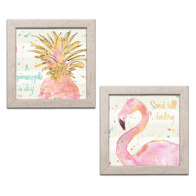 «Tropical Hot Pink and Gold Flamingo and Pineapple Stand Tall Darling and a Pineapple a Day» par Anne Tavoletti - ensemble de 2 reproductions d'art graphique