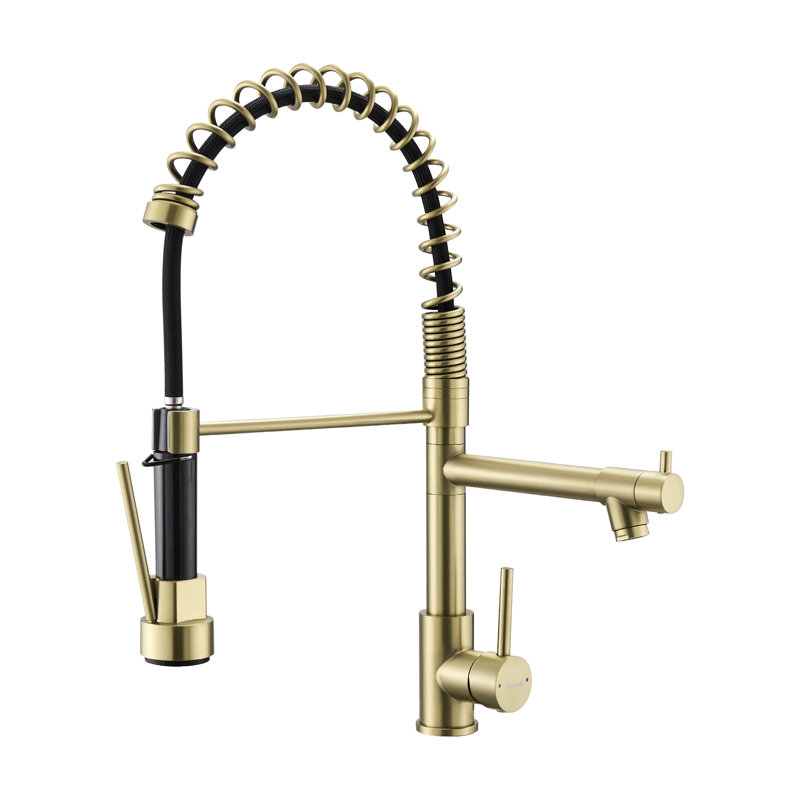 Robinet de cuisine rétractable, acier inoxydable, poignée simple, or brossé, attrait moderne