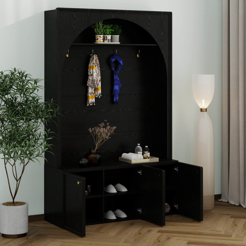 Arched Hall Tree With Storage Bench, Entryway Storage Bench With Golden Hooks And Adjustable Shelves, 3 Cabinets, Black