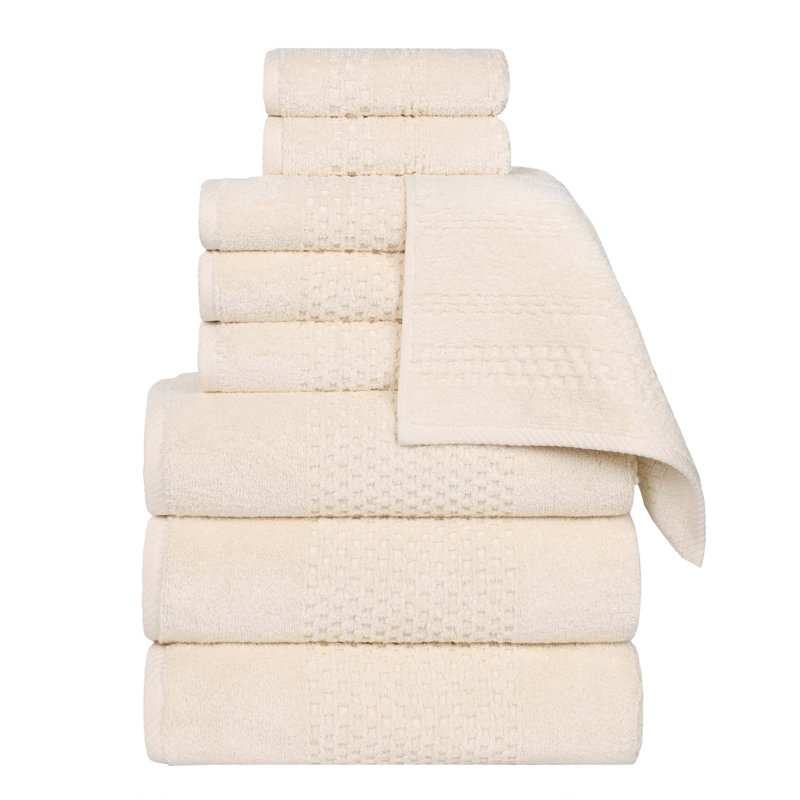 Playa Zero Twist Cotton Medium Weight Solid Waffle Textured Towel Set, Ivory, 9 Pc Towel Set (3-Bath, 3-Hand, 3-Face)