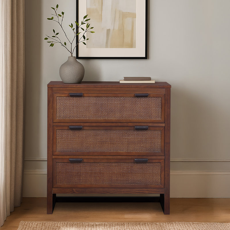 Ameer Dresser with 3 Rattan Inset Drawers, Faux Leather Pulls & Deep Storage, Walnut