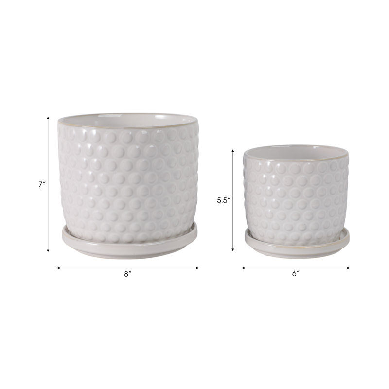 Set Of 2 Ceramic Planters With Textured Bubble Surface And Saucers - Modern Decorative Container Pots For Stylish Indoor Display And Versatile Plant Arrangements