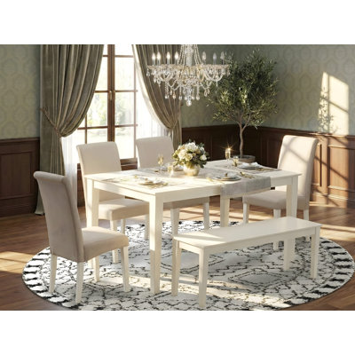 L'ensemble de table de cuisine 6 pièces contient une table de salle à manger rectangulaire et 4 chaises parsons en tissu crème avec banc, blanc lin