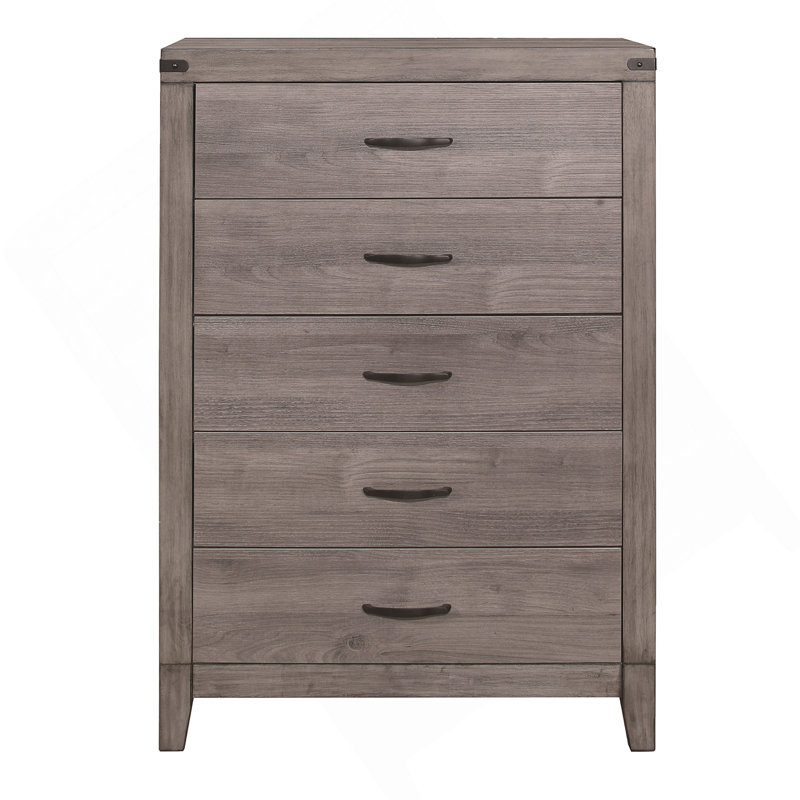 Commode de chambre à coucher à finition brun gris 1 pièce avec 5 tiroirs en mélamine laminée et métal foncé