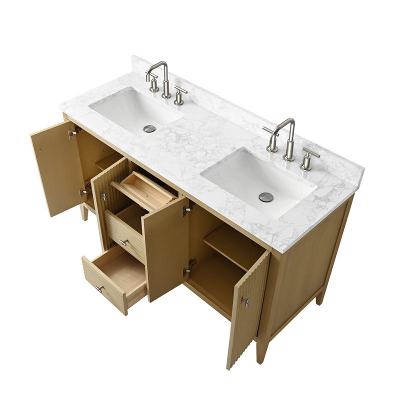 Ensemble de meuble-lavabo autoportant à double cuve 60 po avec plateau en marbre lavabo Lavallon, Nickel brossé