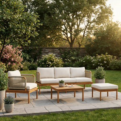 Ensemble de canapé d'extérieur en bois d'acacia tissé à la corde 5 pièces, tissu imperméable beige et teck, combinaison de mobilier de loisirs pour l'extérieur.