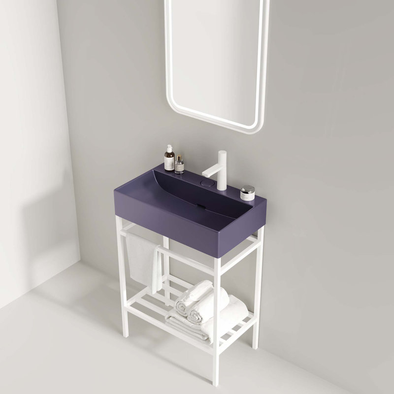 Bathroom Vanity with Ceramic Basin, Freestanding Bathroom Console Sink Set, Rectangular Ceramic Basin without Faucet, Open Metal Leg, Storage Shelves