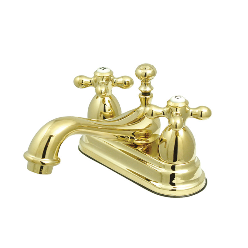 Kingston Brass Restoration Two-Handle 3-Hole Deck Mount 4" Centerset Bathroom Faucet with Brass Pop-Up, Polished Brass