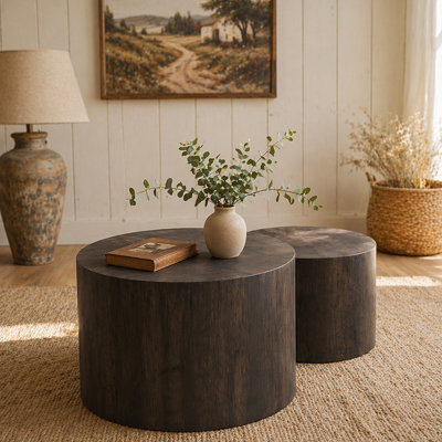 Nesting Coffee Table Set of 2 Round Wooden Coffee Tables Circle Modern Table for Small Space Living Room Bedroom Accent End Side Table