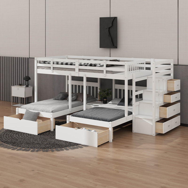 Lit superposé double au-dessus de simple et double, construit avec des sections de rangement, Blanc
