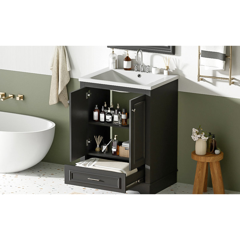 Meuble-lavabo moderne 24 po avec lavabo en céramique - armoire autoportante noire, rangement spacieux, portes à fermeture douce, style armoire à poignées argentées, poignée polyvalente, construction robuste