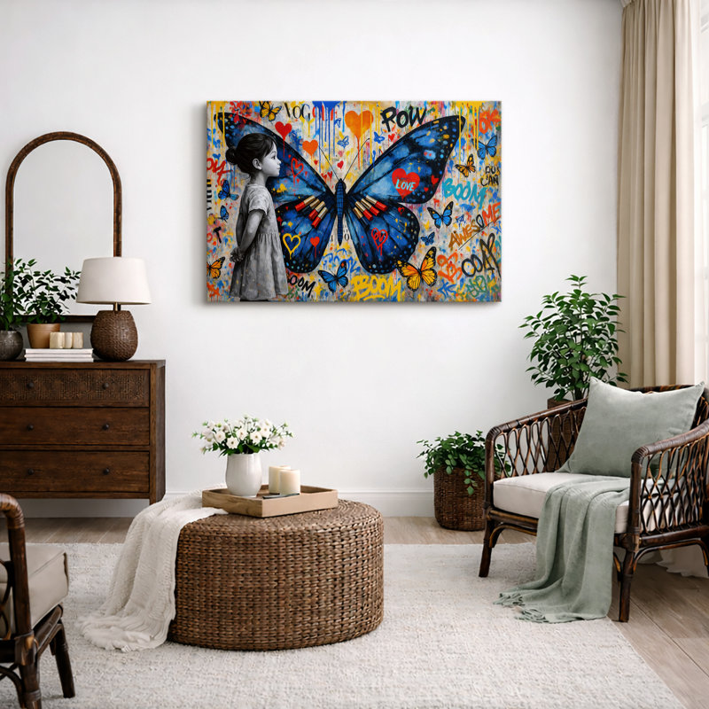 Papillon, graffiti, art urbain, impression sur toile encadrée, Toile tendue, H 12 po x l 18 po x P 1,5 po