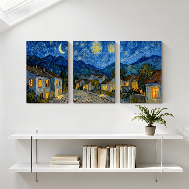 «Abstract Starry Night Village Landscape», ensemble de 3 impressions sur toile, H 30 po x l 60 po