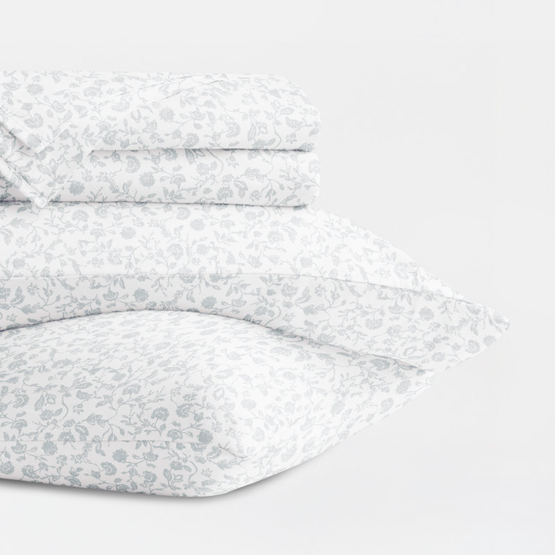 Vintage Washed 100% Long-Staple Sateen Cotton Sheet Set - Rustic Jacobean Flowers, King Sheet Set with 2 Pillowcases